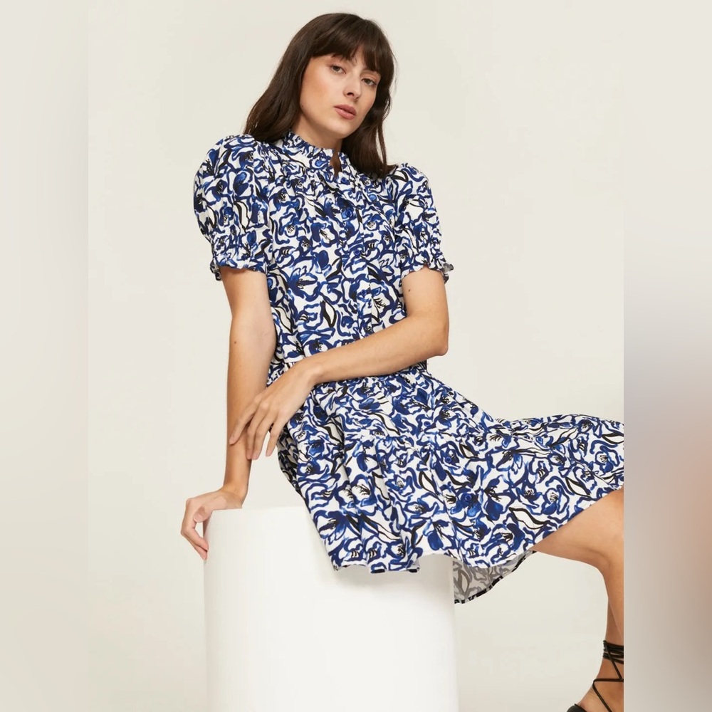 Apiece Apart Las Alturas Mini Sundress Dress Brushed Floral Indigo puff sleeve